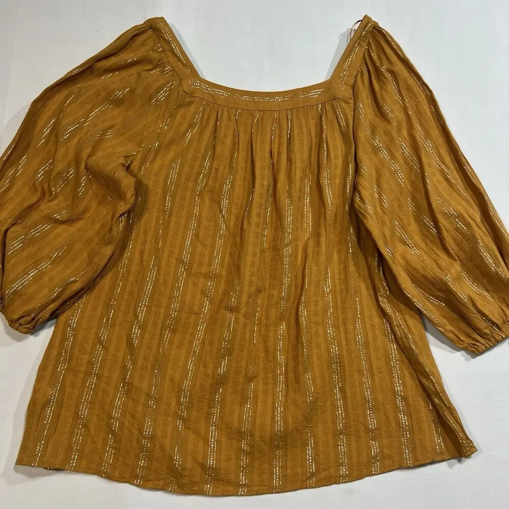 LC Lauren Conrad Metallic Stripe Square Neck Peasant Blouse Top Mustard M Cotton - Picture 9 of 9